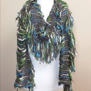Funky Fringe Long Unique Open Knit Warm Thick Long Fringe Brown Green Blue